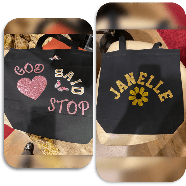 two black bags with prints