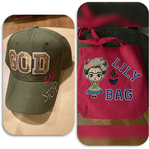 green cap and pink cloth bag